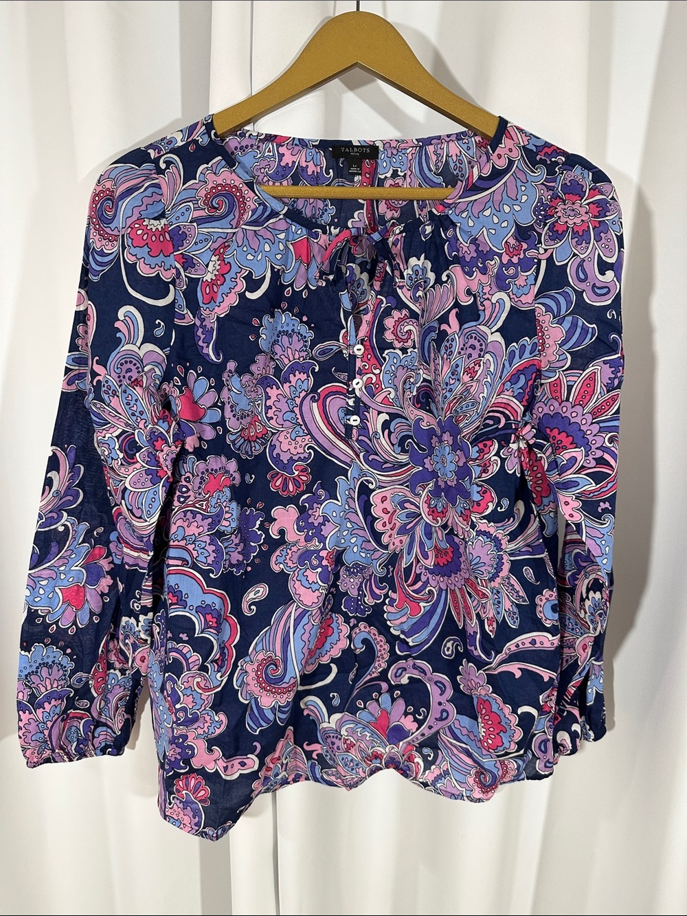 Talbots Petite Paisley Floral Peasant Blouse Size Large Petite 100% Cotton